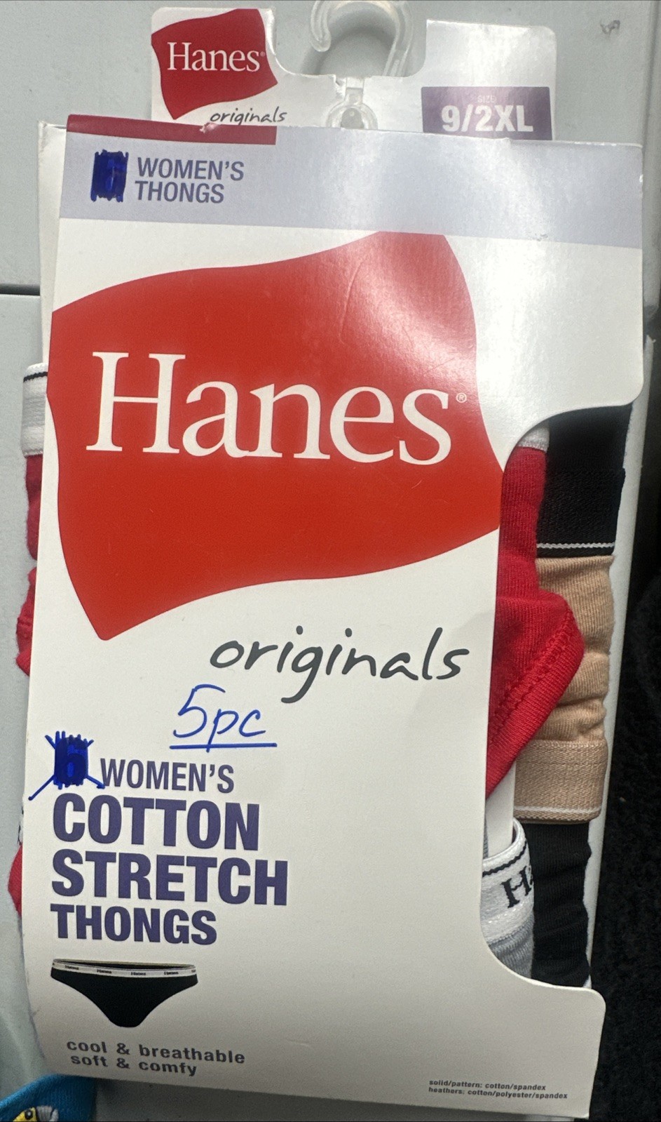 Hanes Originals Women’s Thong 9/ 2XL Underwear Breathable Stretch Cotton 5 Pack