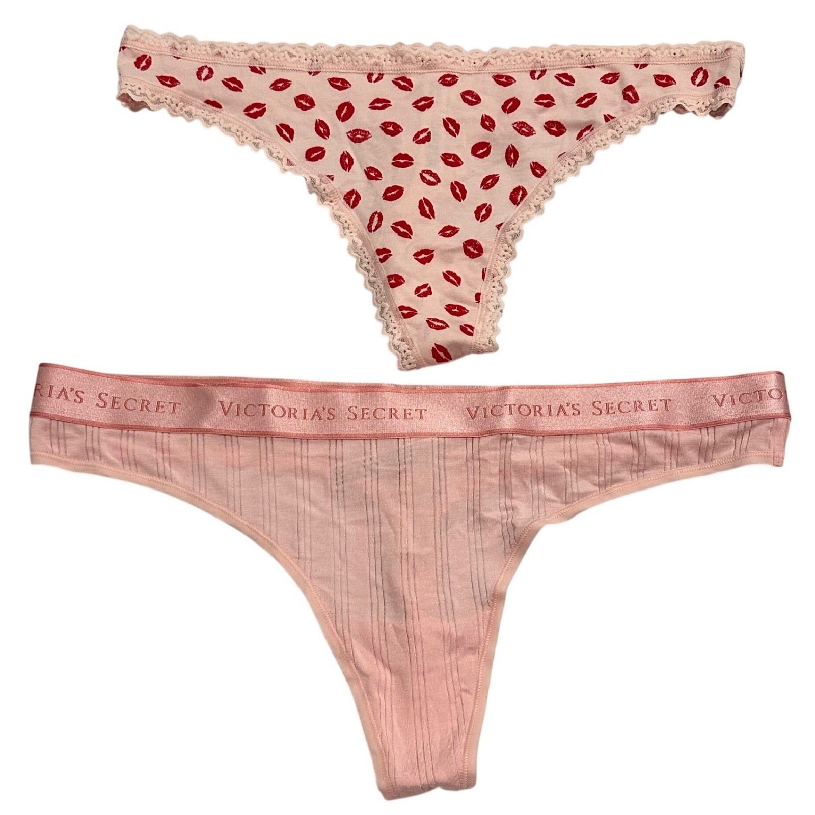 Victoria’s Secret XL Thong Panty Bundle 2pk Pink Lip Print & Logo Ribbed NEW