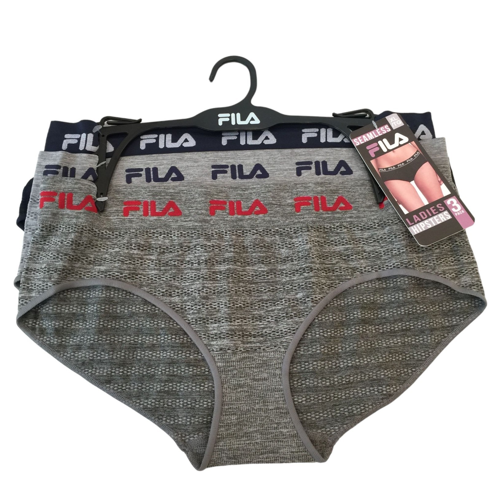 FILA Ladies Size XL Seamless Hipsters Set of 3 Gray Red Navy