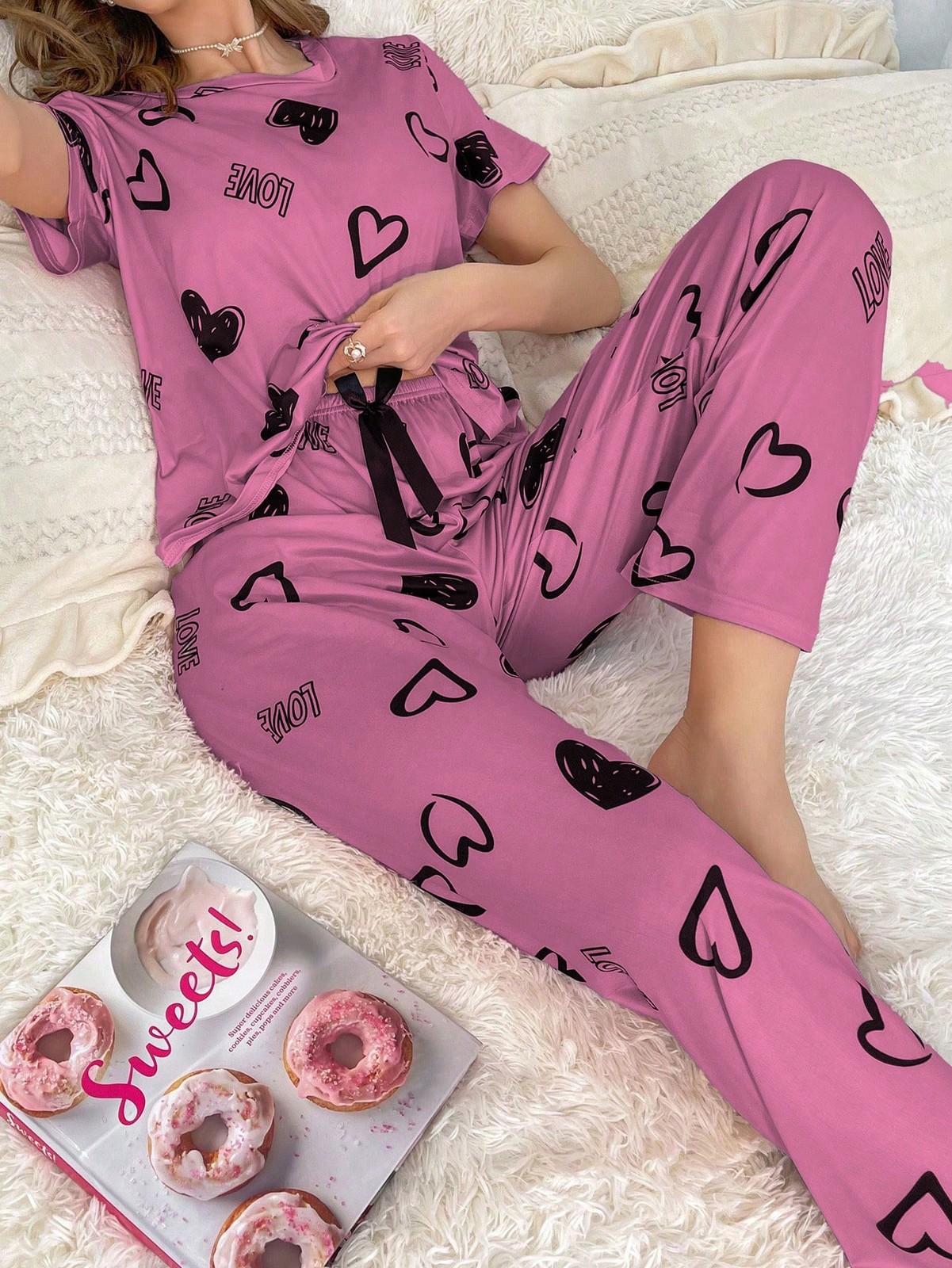 Ladies Heart Print Comfort Pyjama Set, Short Sleeve Top and Pants for Summer Cheap24