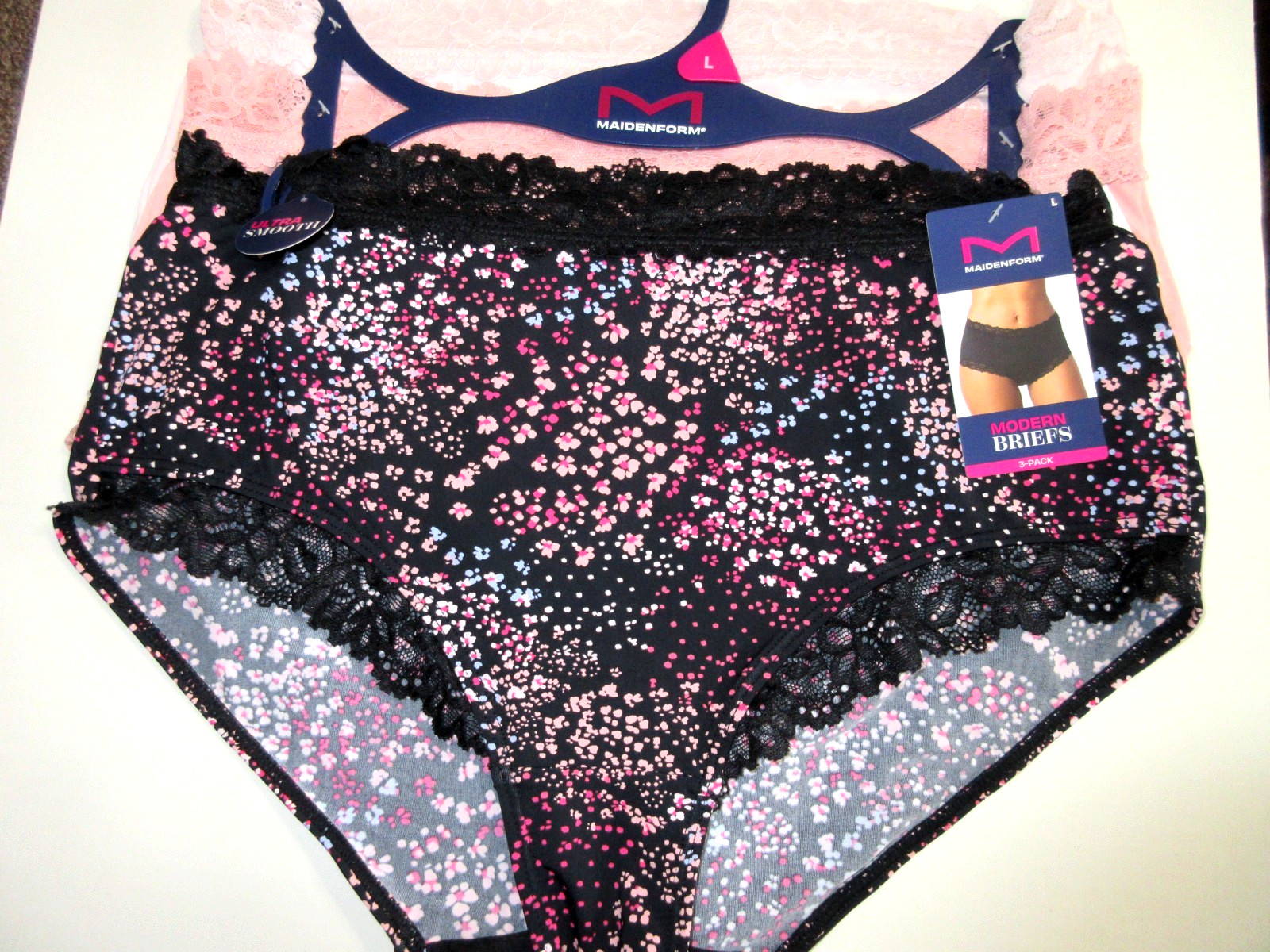 Maidenform 3-Pairs modern BRIEF Panties DF9407 Soft lace Nylon pink blac~ L $42