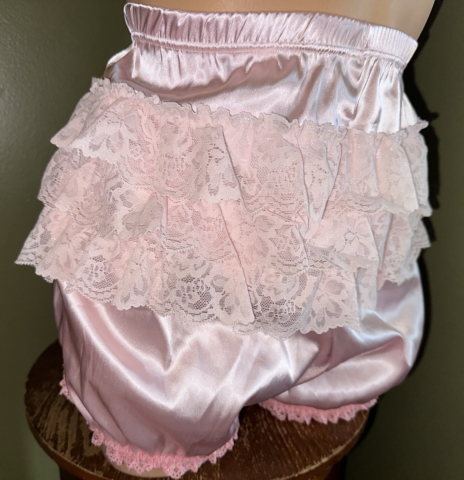 Glossy Pink Satin w Tiered Ruffled Lace Bloomers Long Leg Sissy Panties XL New