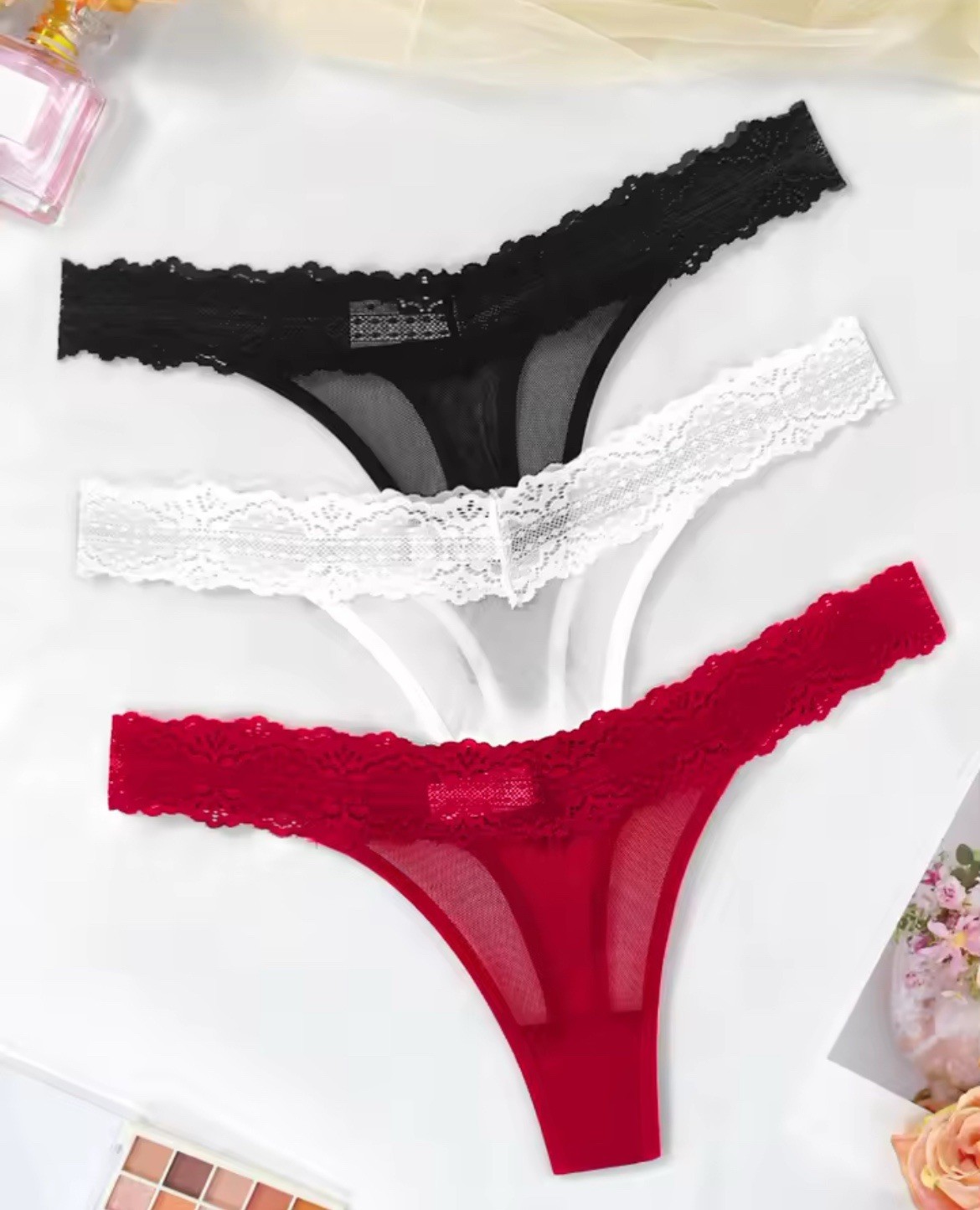 Lace Thong Panties 3 Pack Black White Red Stretch Breathable