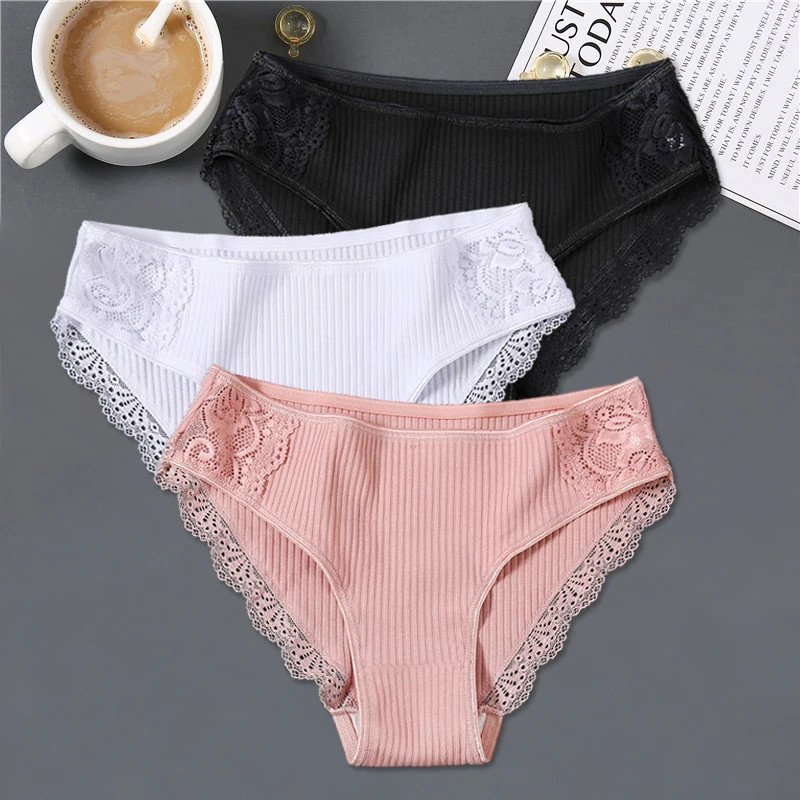 3pc Cotton Panties Low Rise Patchwork Lace Briefs Soft Seamless Underwear Women