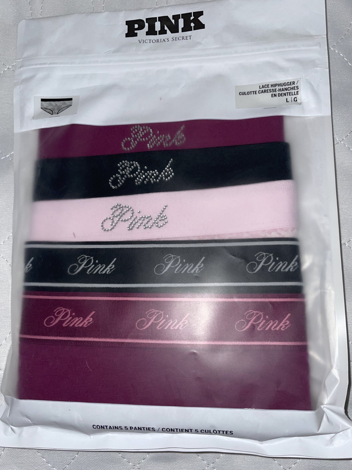 Victoria Secret PINK 5 Pack Shine Logo Lace Hiphugger Panties L Rhinestone Bling