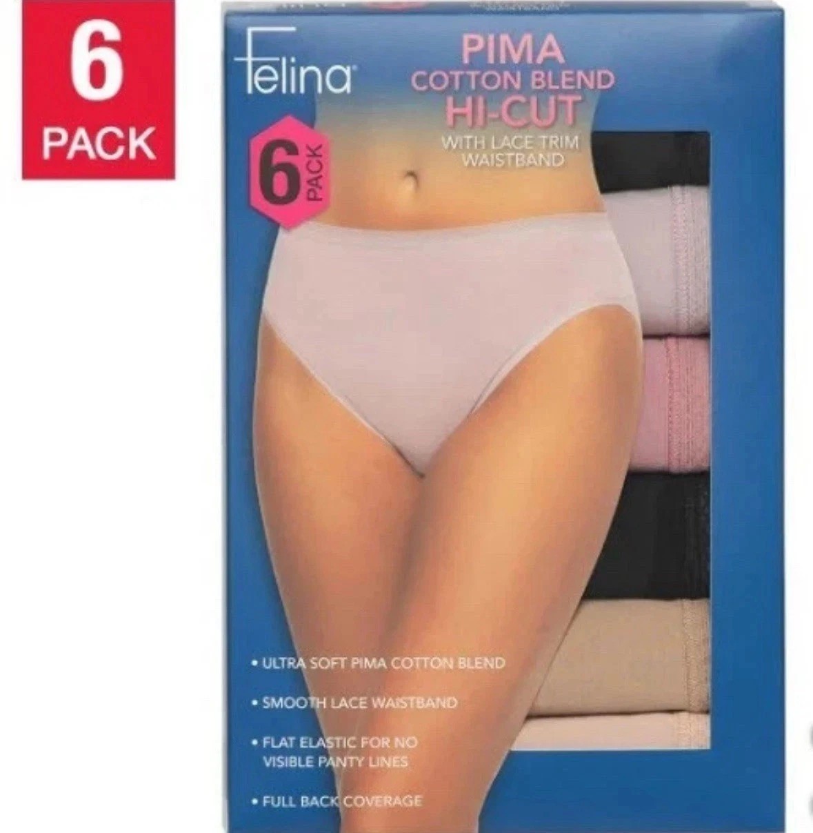 Felina Pima Cotton Blend Hi-Cut Pantis with Lace Trim Waistband 6 Pack, Large