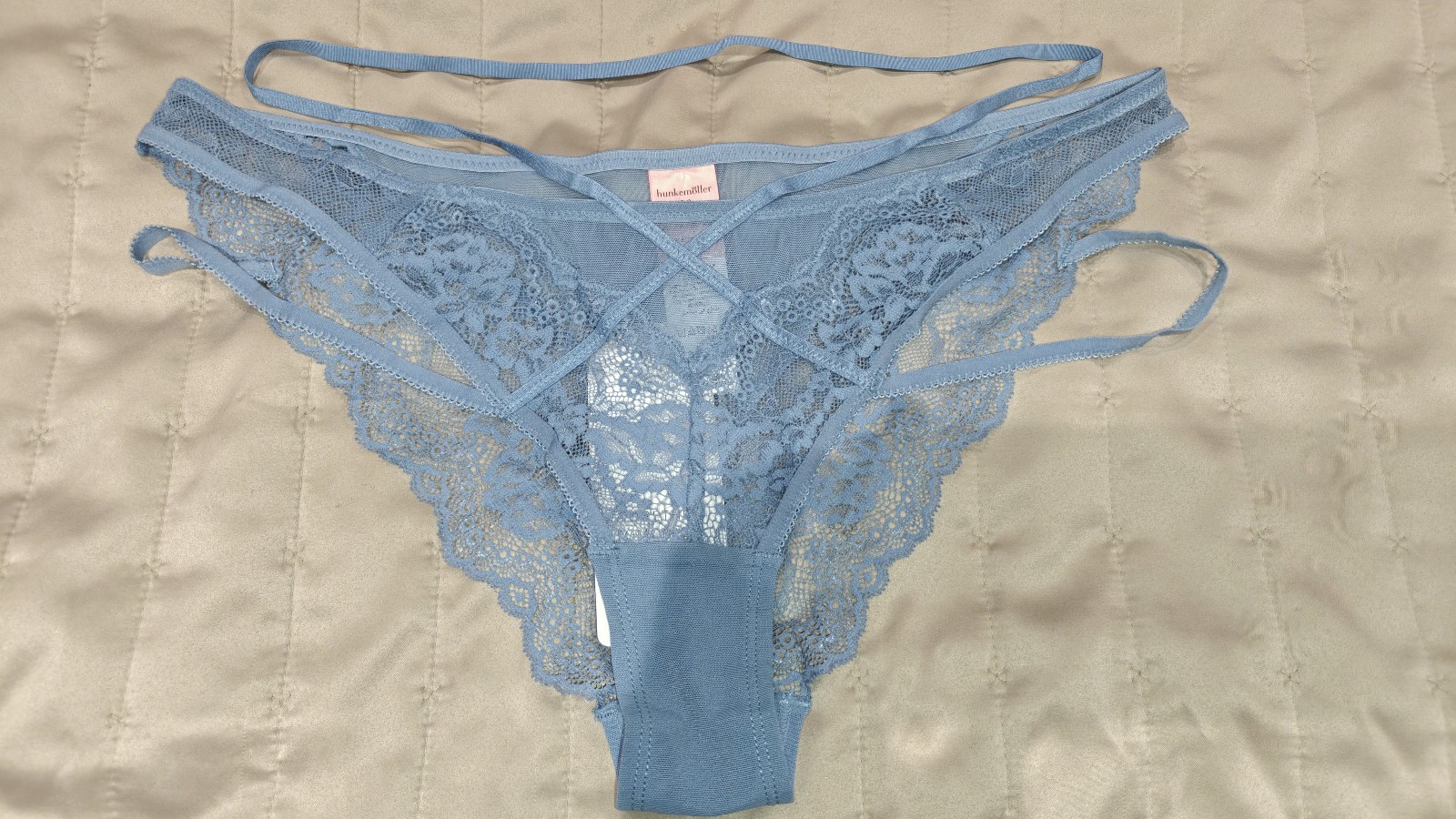 BNWT-HUNKEMOLLER Sheer Lace & Mesh Brazilian Brief – UK 12 – Blue