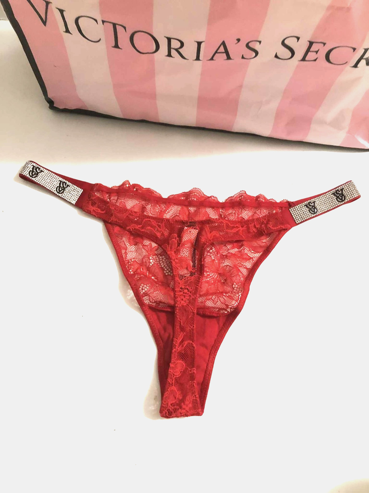 Victoria’s Secret Rhinestone Shine Strap Lace Thong Panty Lipstick Red NWT