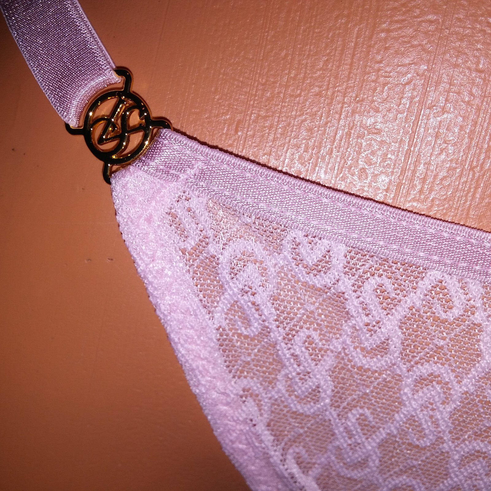 Victoria Secret Panty Thong Large Light Pink Logo Lace Adjustable Icon Collectio