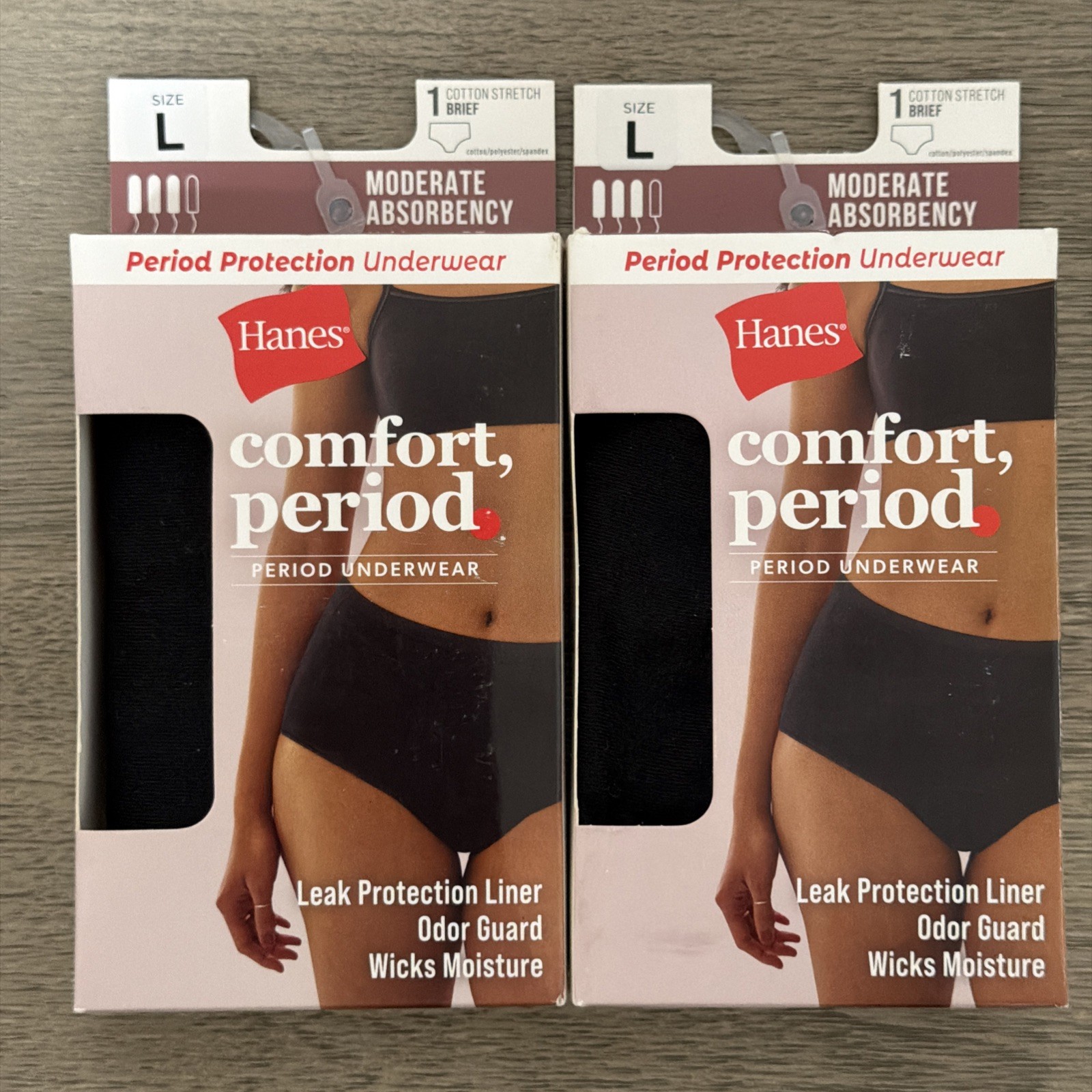 2 Hanes Comfort Period Women’s Brief Underwear LRG SZ 7 Moderate Leaks Black