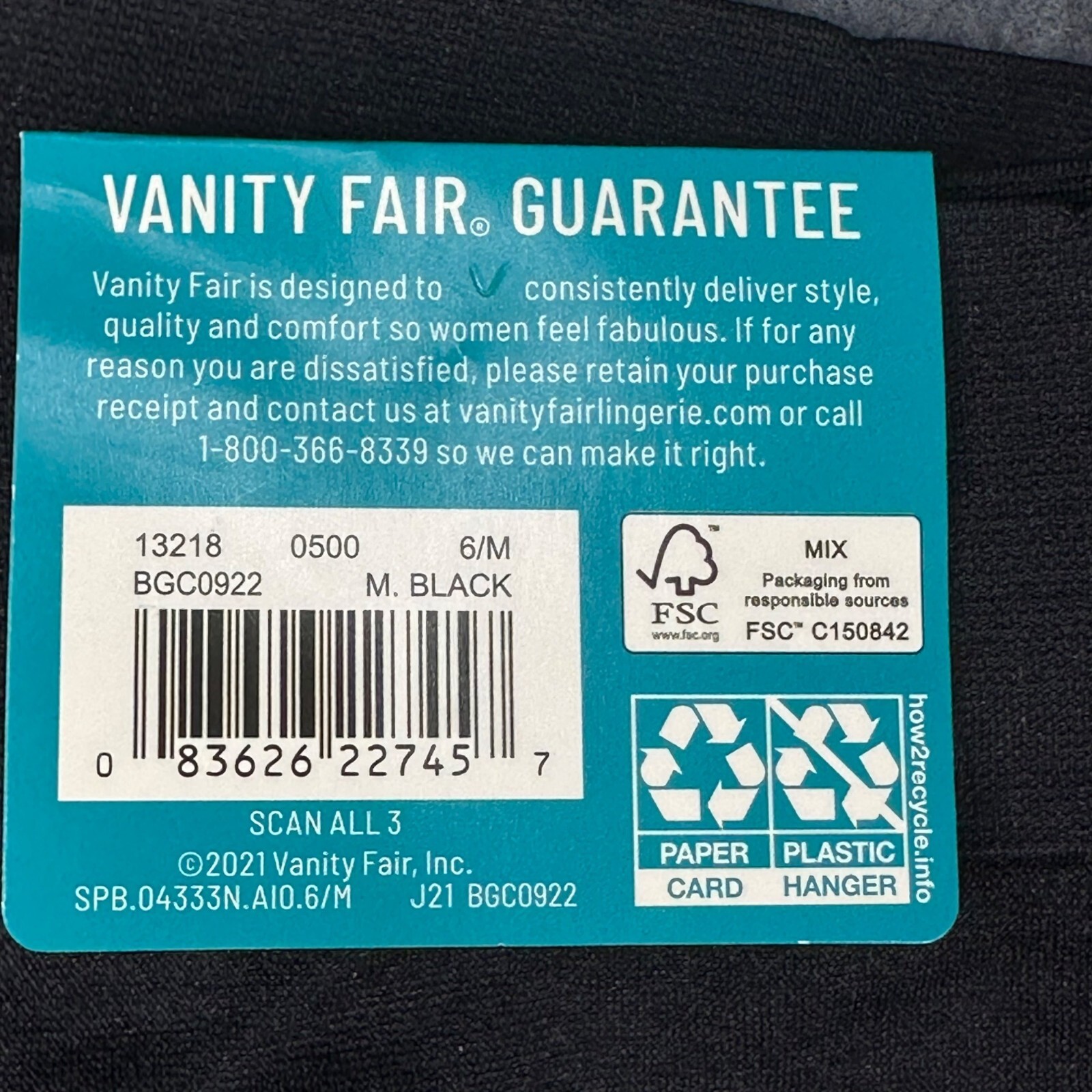 Vanity Fair Women’s Size Medium 6 Panty Brief No Show No Pinch Black New