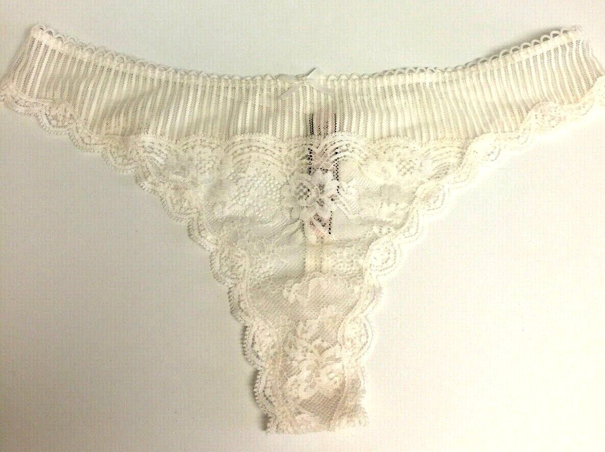 Victoria’s Secret White Floral Lace Thong Panties Size L Dream Angels Striped