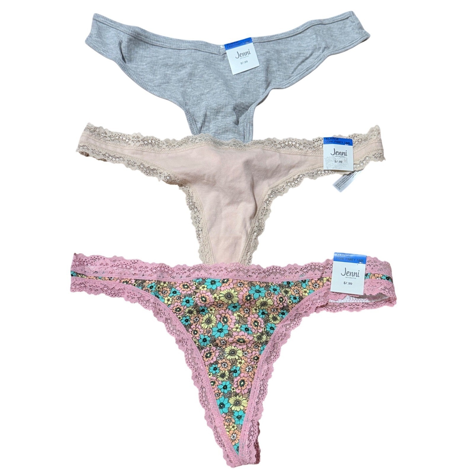 Jenni Intimates Thong Panties XL Floral Lace Trim Gray Pink Beige 3-Pack NWT