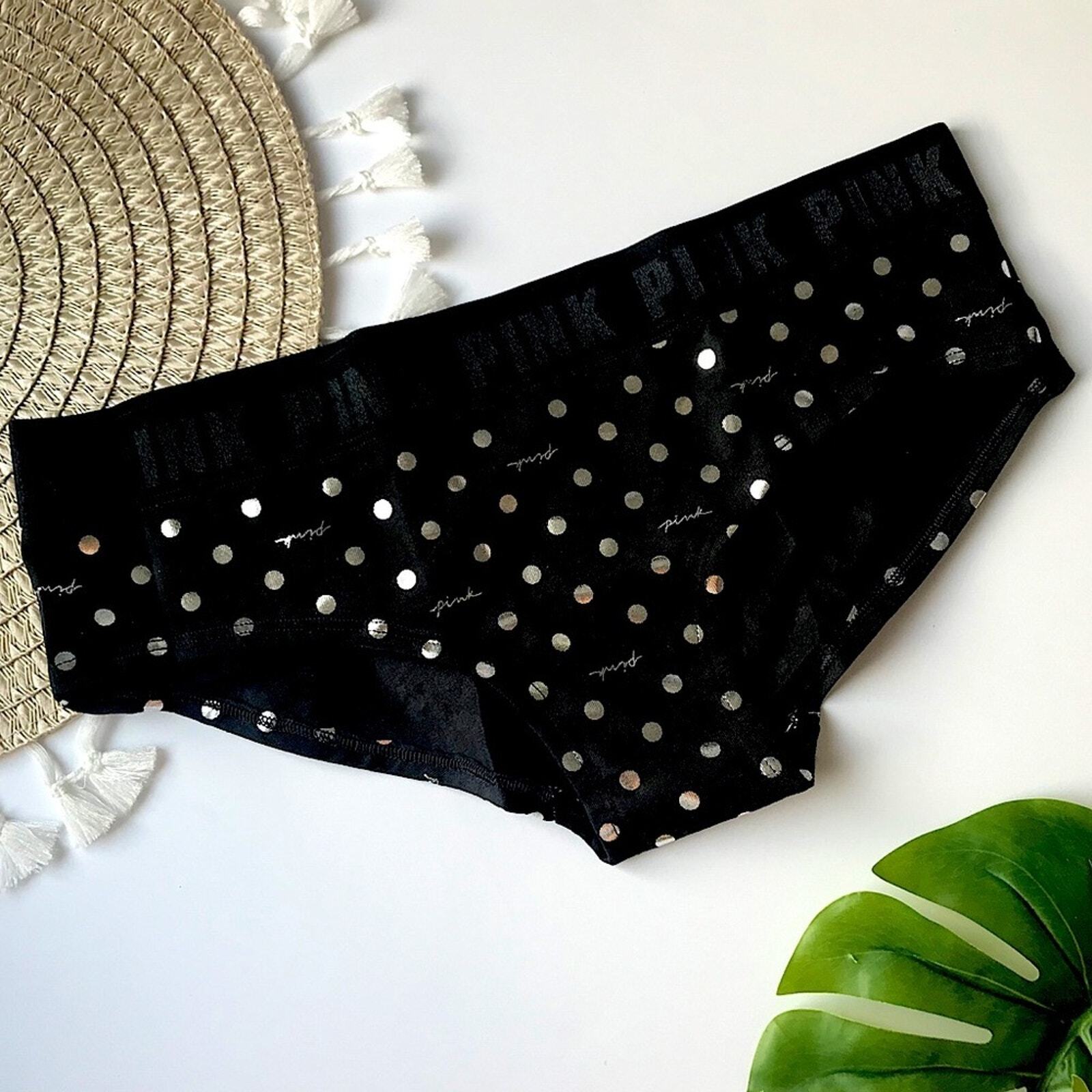 Victoria’s Secret PINK Logo Hipster Panty Black Silver Polka Dot XL NEW