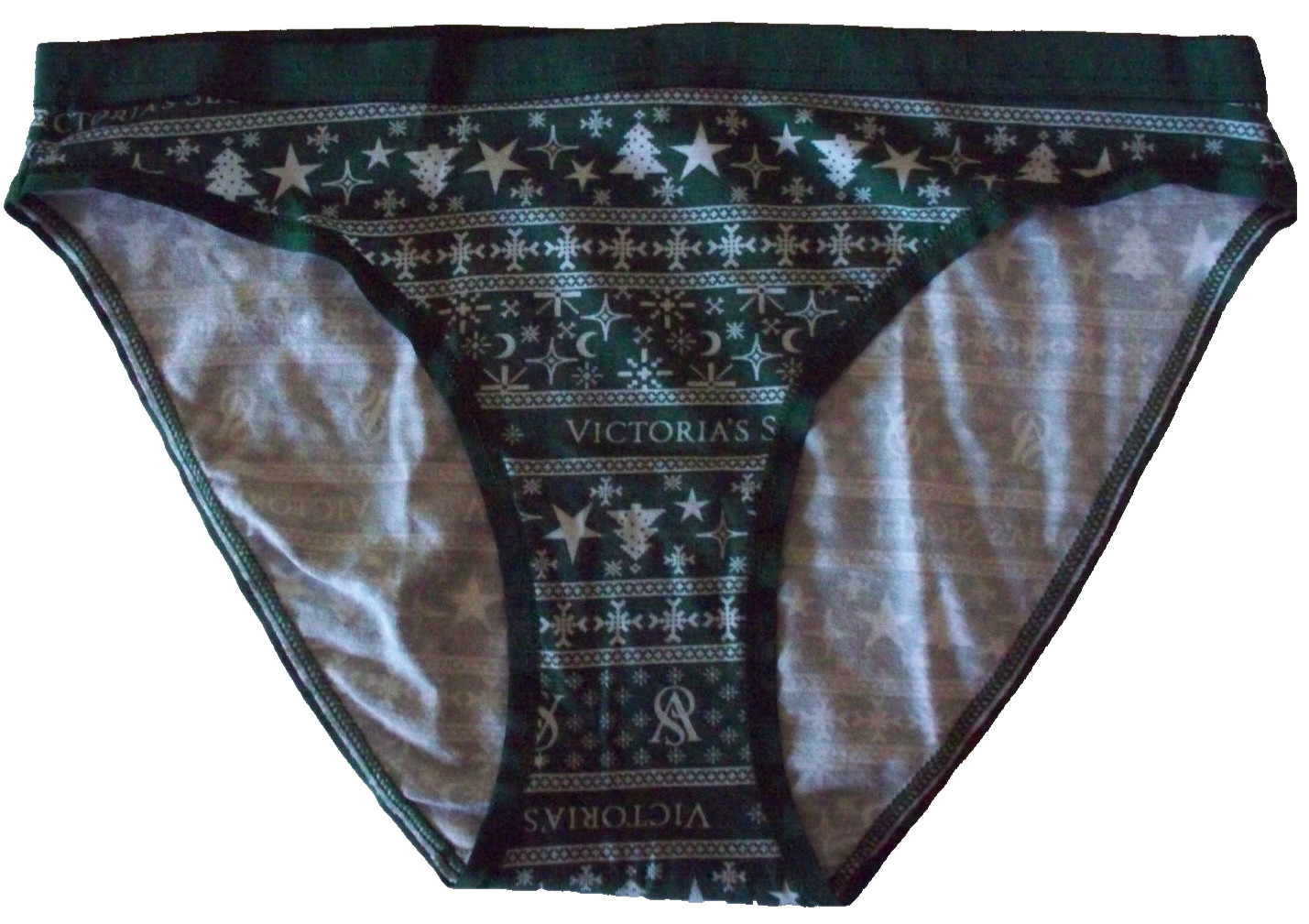 XL GREEN STAR TREE SNOWFLAKE LOGO Stretch COTTON Victoria’s Secret BIKINI Pantie