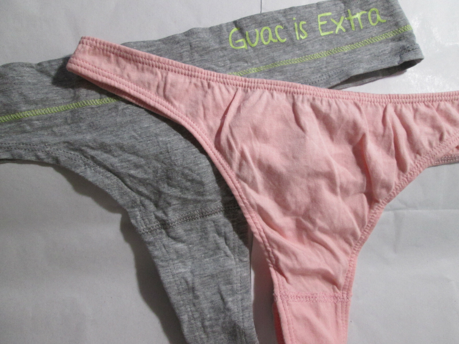2 New 95% Cotton Thong Panties💜 Size L Set of Peach + Gray Lime ‘Guac is Extra’