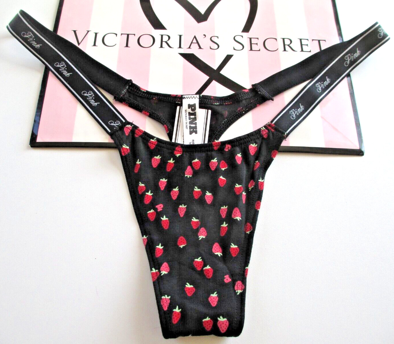 VICTORIA’S SECRET PINK Cotton High Leg Micro Thong Panty M XL Black Strawberries