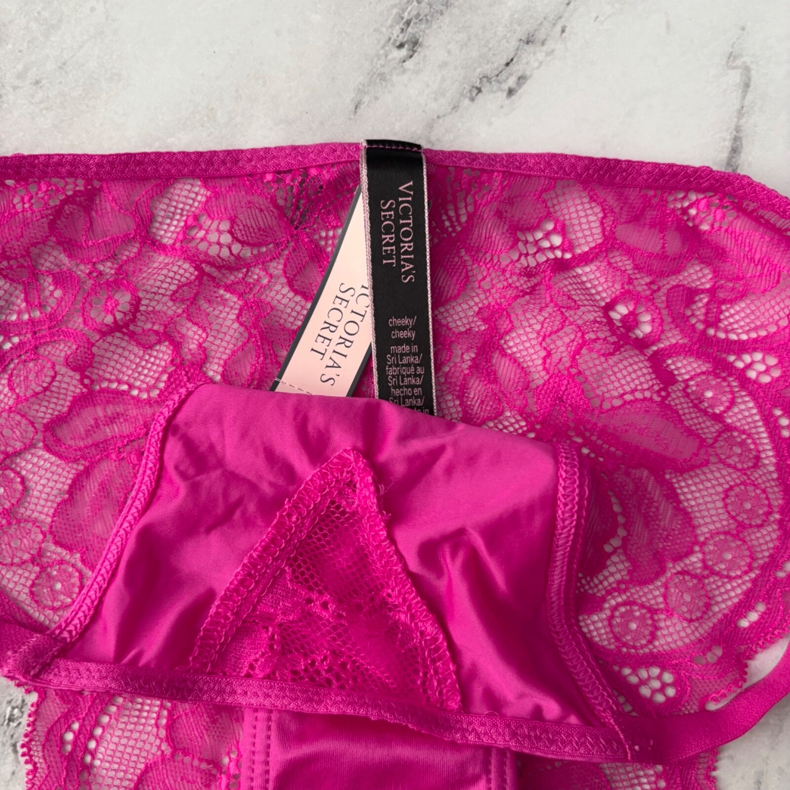 Victoria’s Secret String Cheeky Panty Fuchsia Frenzy Stretch Front Lace S L XL