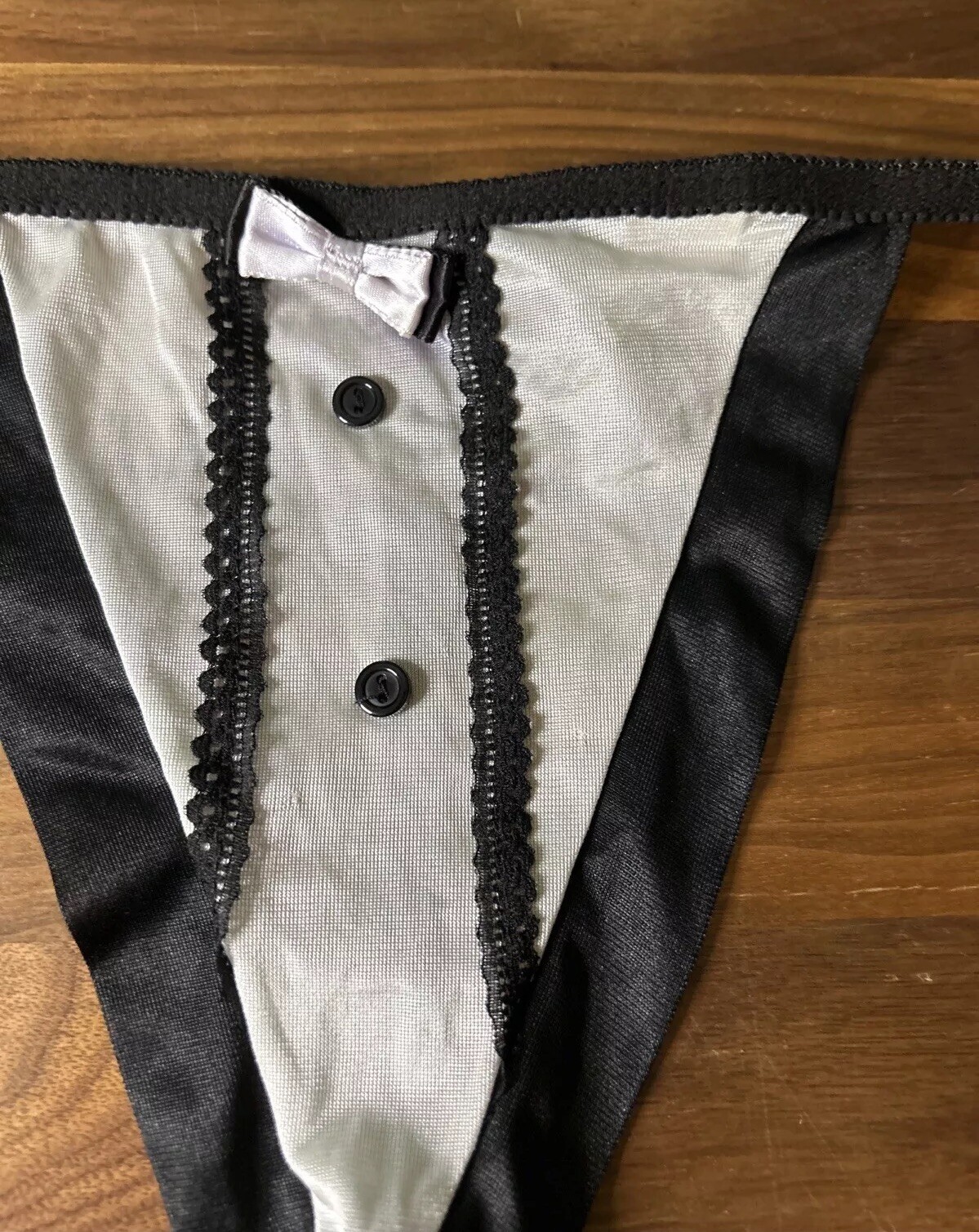 VTG 80’s CHIPPENDALES WOMENS KIKI THONG PANTIES SATIN OS Tuxedo String Nylon HOT