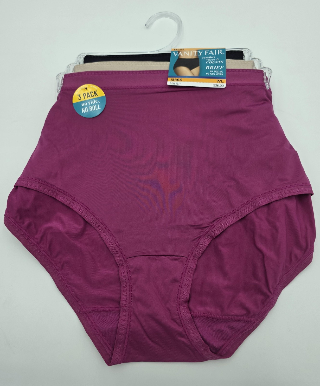 Vanity Fair Briefs Womens Large 3 Pack Purple Black Beige No Ride No Roll 13463