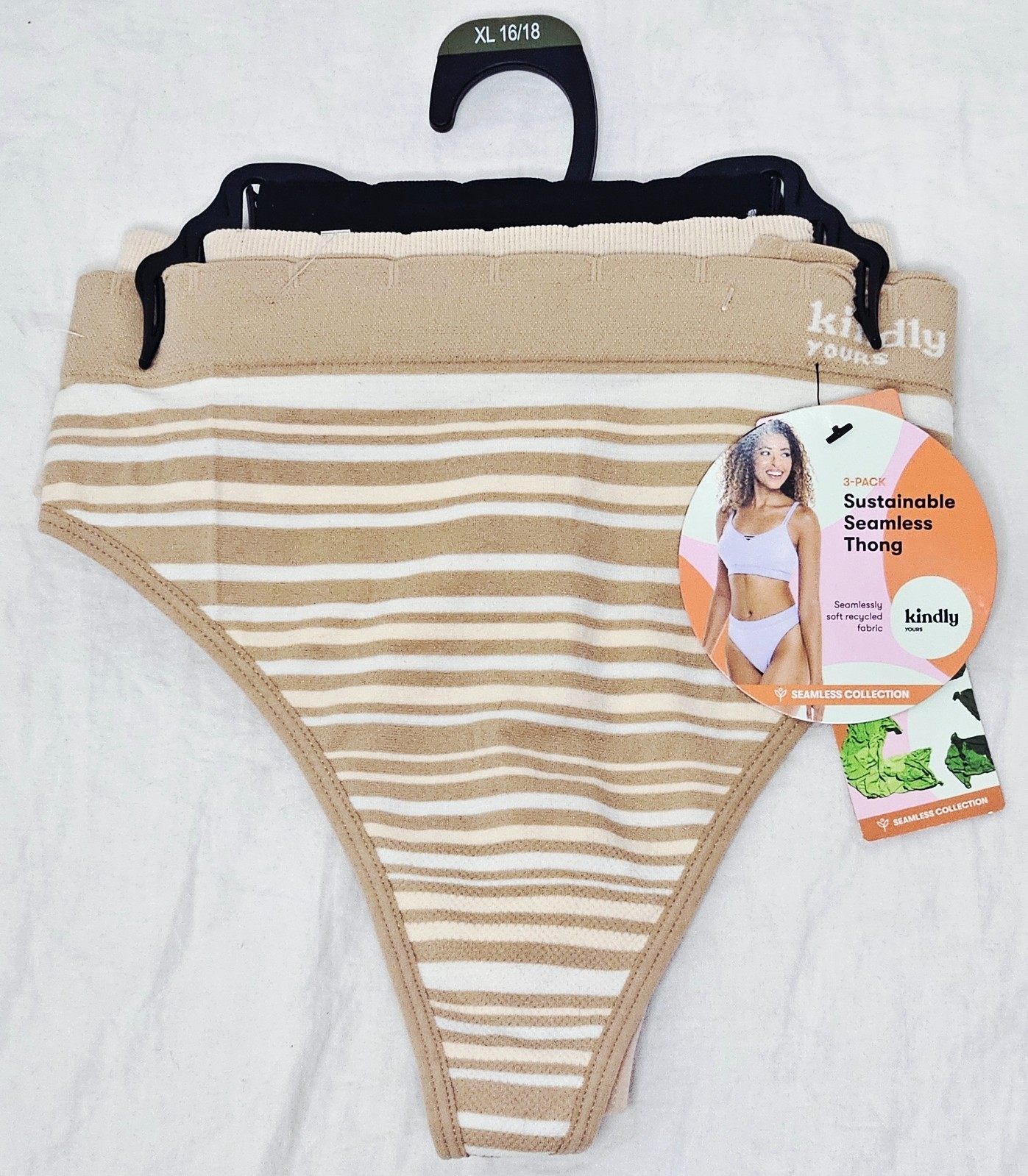 Kindly Yours Women’s Seamless Thong 3-Pack Tan Stripe Soft XL (16-18)