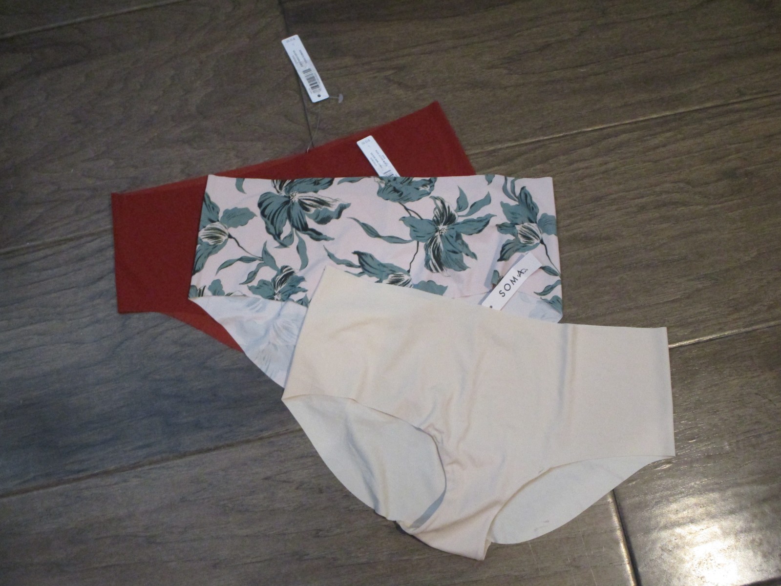 3-PACK SOMA ALMOST NAKED/BARE HIPSTER PANTIES IN REDWOOD/SAND/BLOOM SIZE LARGE