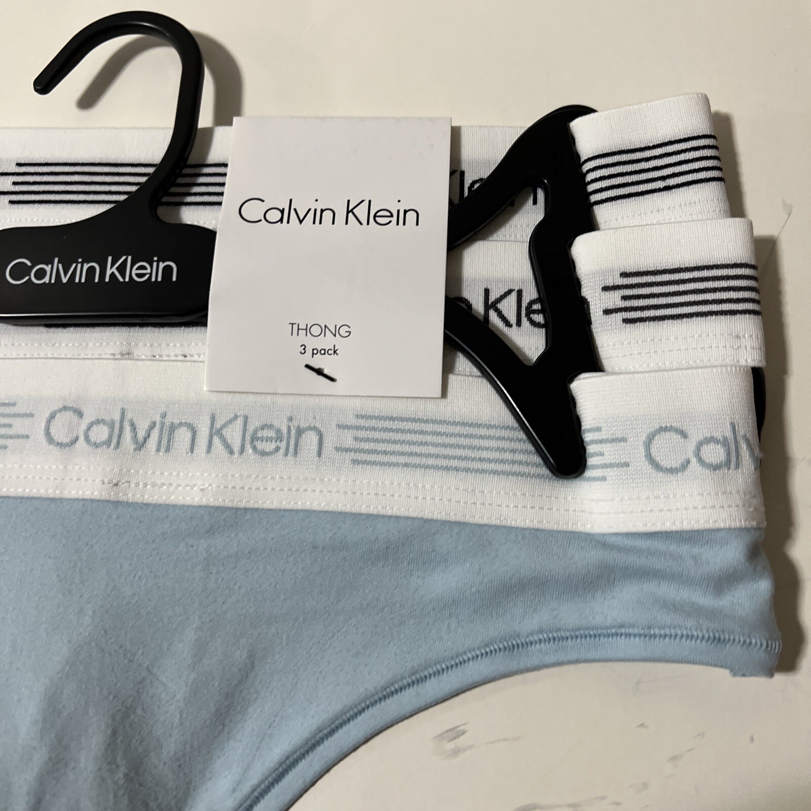 3 New Calvin Klein Mid RiseTHONG Panties Cotton Blend 3pk Black Gray Blue. New