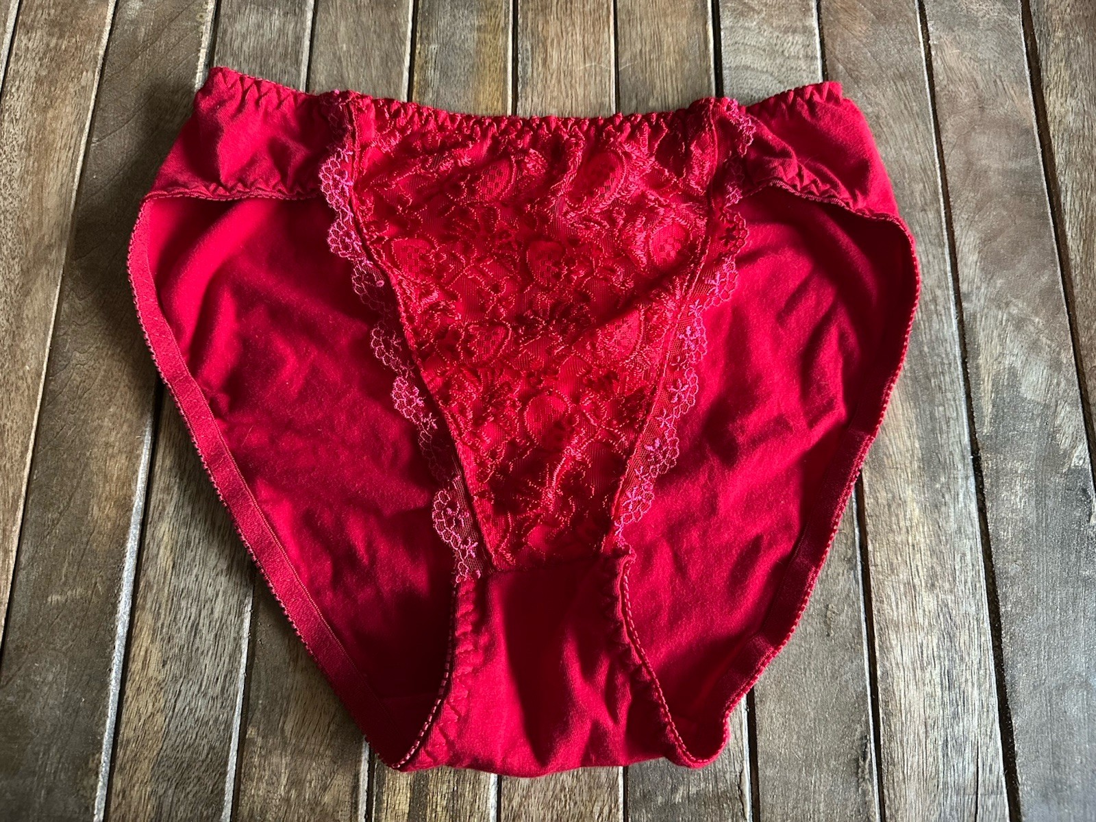 Vtg L 7 Red French Cut Cotton Blend Brief Panties W Lace Front