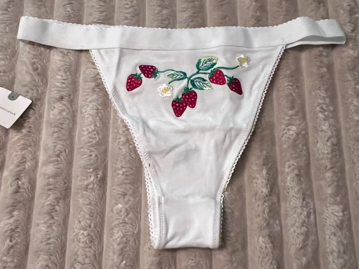 ANTHROPOLOGIE STRAWBERRY EMBROIDERED THONG-LG-NWT!