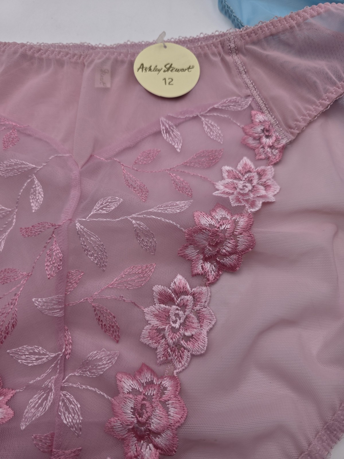 2 Pr NWT Sz 12 Ashley Stewart Plus Panties Hi Cut Sheer Lace Blue & Pink