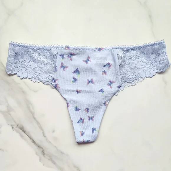 PINK Victoria’s Secret No-Show Lace-Trim Thong Panty Soft Iris Butterfly