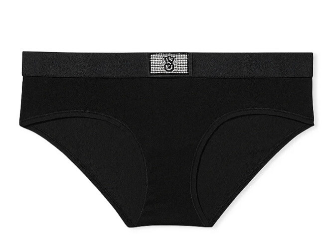 VICTORIA’S SECRET SHINE RHINESTONE PATCH BLACK COTTON HIPHUGGER PANTY MEDIUM NEW