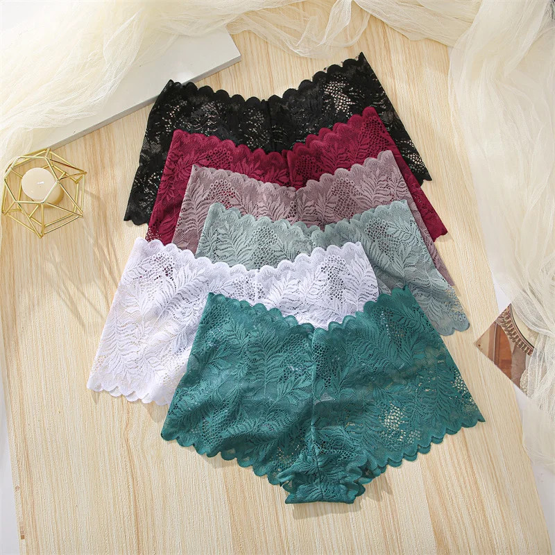 Lace Boyshort Panties Low Rise Breathable Hollow Out 4PCS Women Underwear