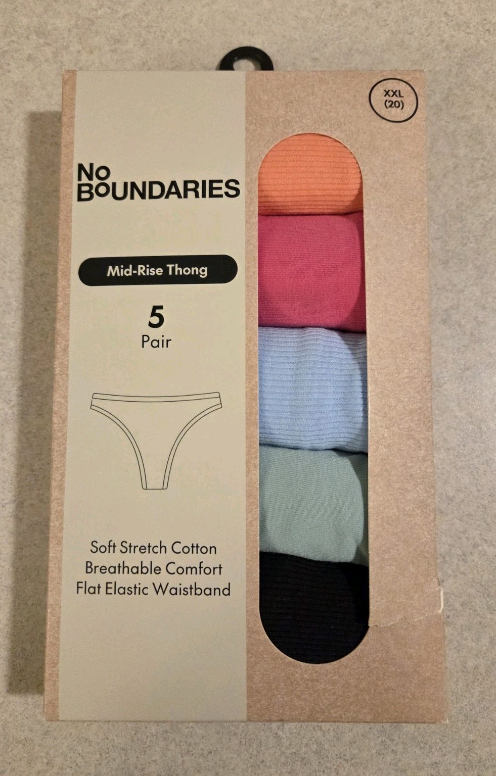 No Boundaries Women’s XXL 20 Mid-Rise Cotton Thong Panties 5 PAIR #21425