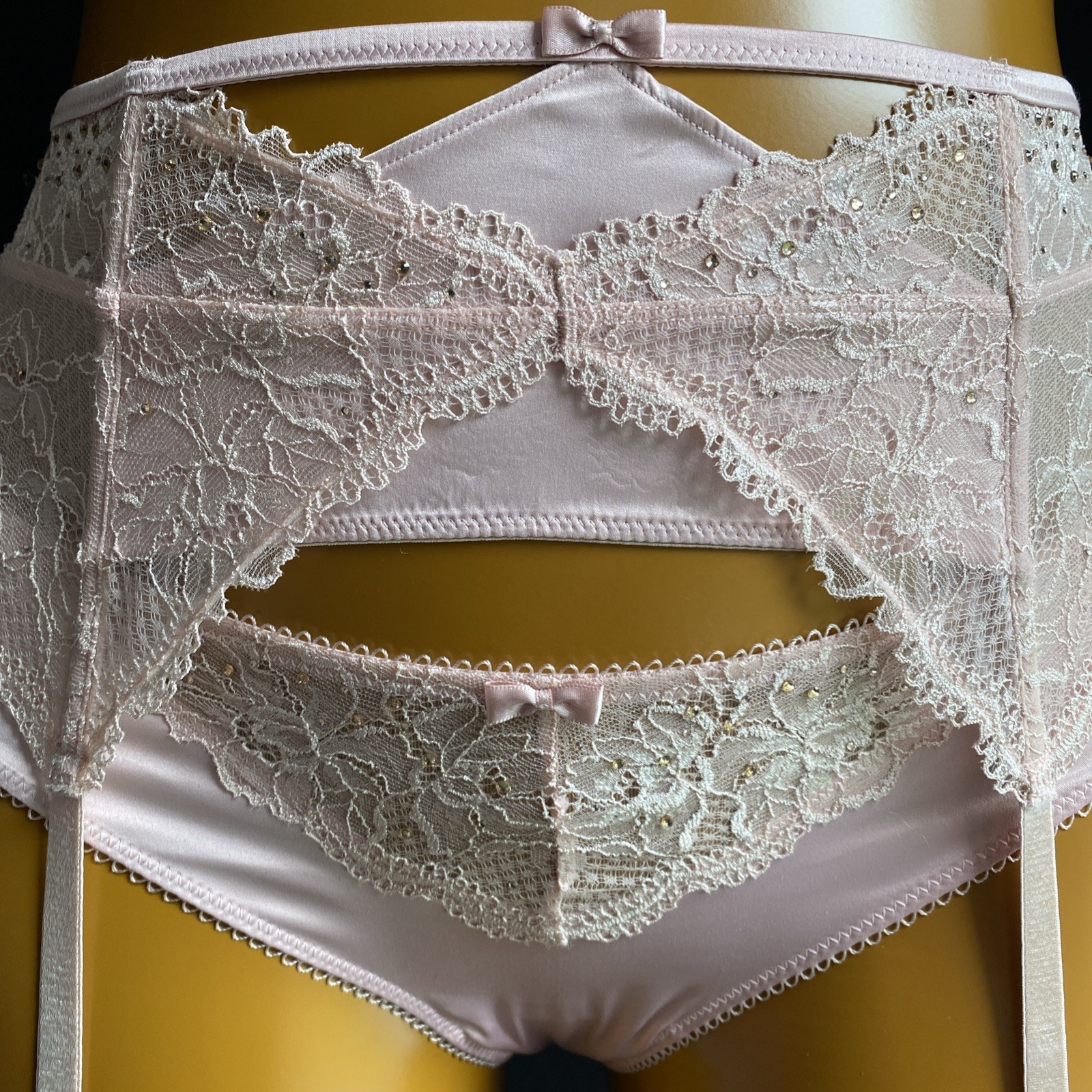 Janet Reger Suspender & Panties Set, Pink Floral Lace & Satin, UK 12