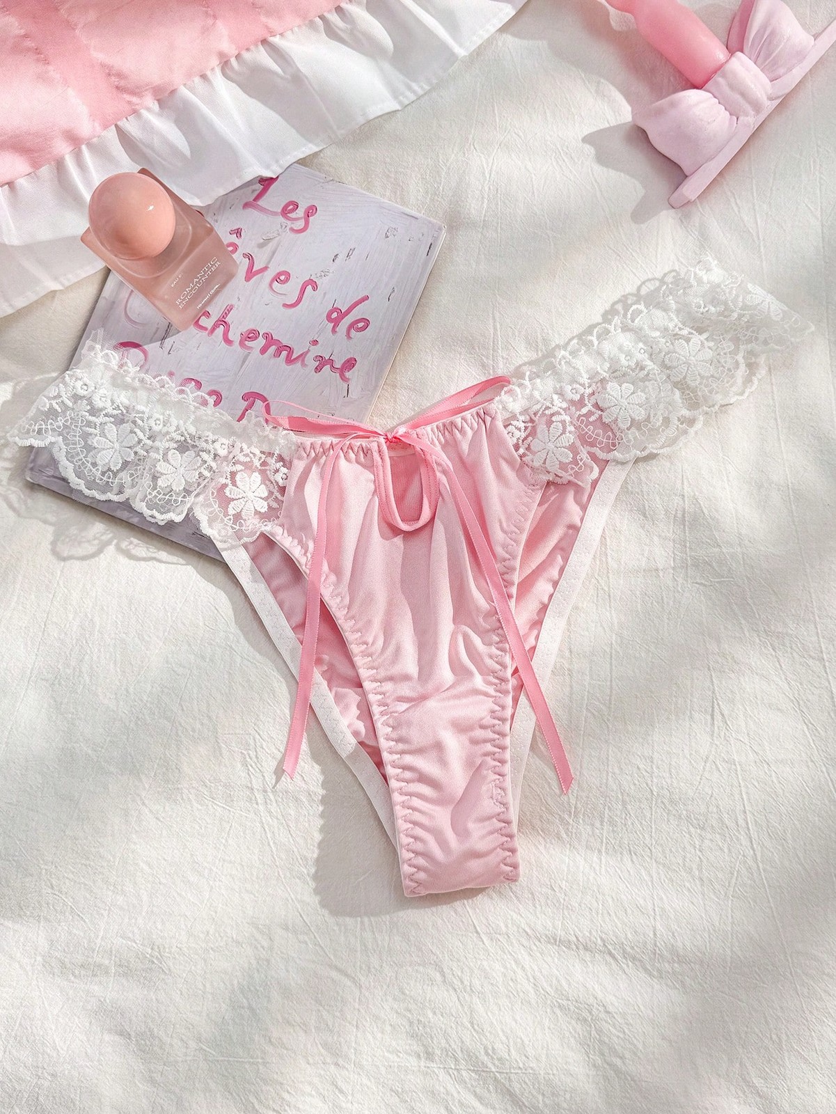 Pink Ruched Embroidered Bow Brief, Bohemian Romantic Cute For Cheap24