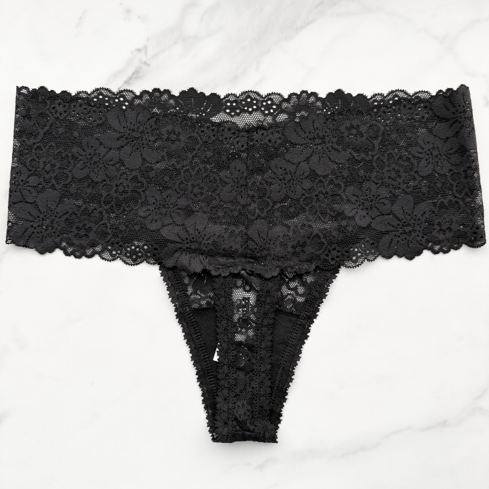 PINK Victoria’s Secret Wink Wide-Waist Lace Thong Panty Pure Black Size S