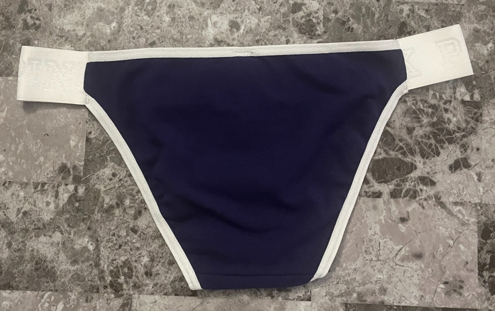 NWT VICTORIA’S SECRET PINK S NAVY BLUE WHITE THICK LOGO BAND RARE BIKINI PANTIES