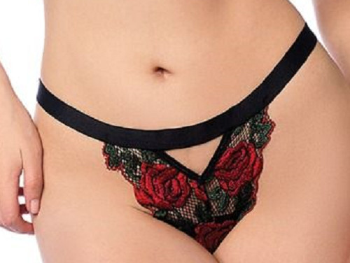 FLORAL EMBROIDERED UNDEWIRE BRA TOP & THONG UNTAMED RED BLACK ROSE FLOWER SET