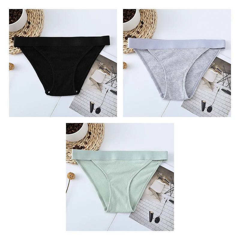 Mid Rise Brief Panties Striped Stretch Comfortable Breathable Underwear 3PCS