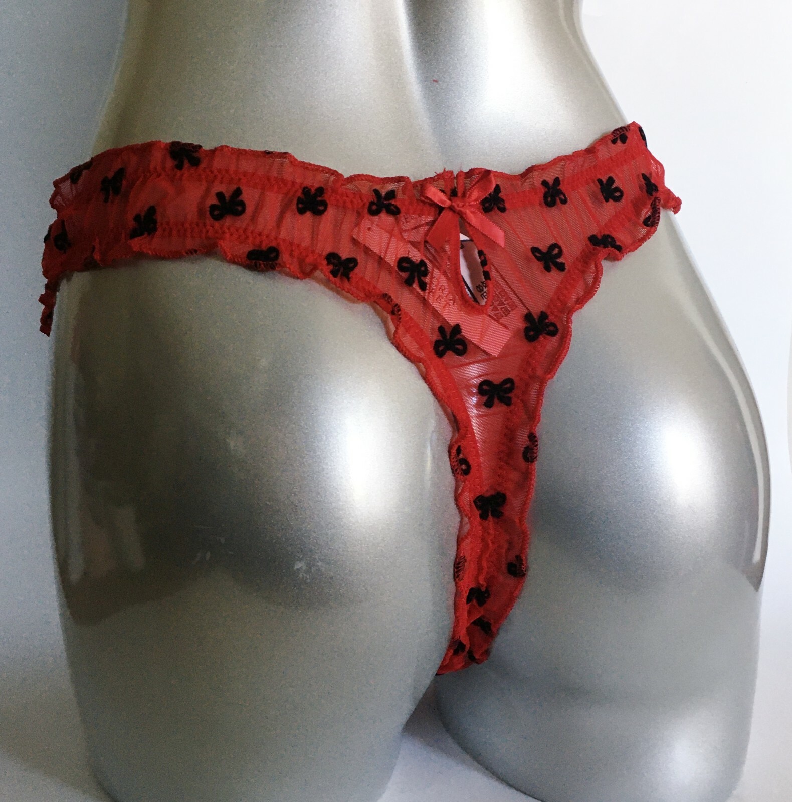 NWT Victorias Secret Dream Angels Ruffle Mesh Thong Panty Red with Black Bows S