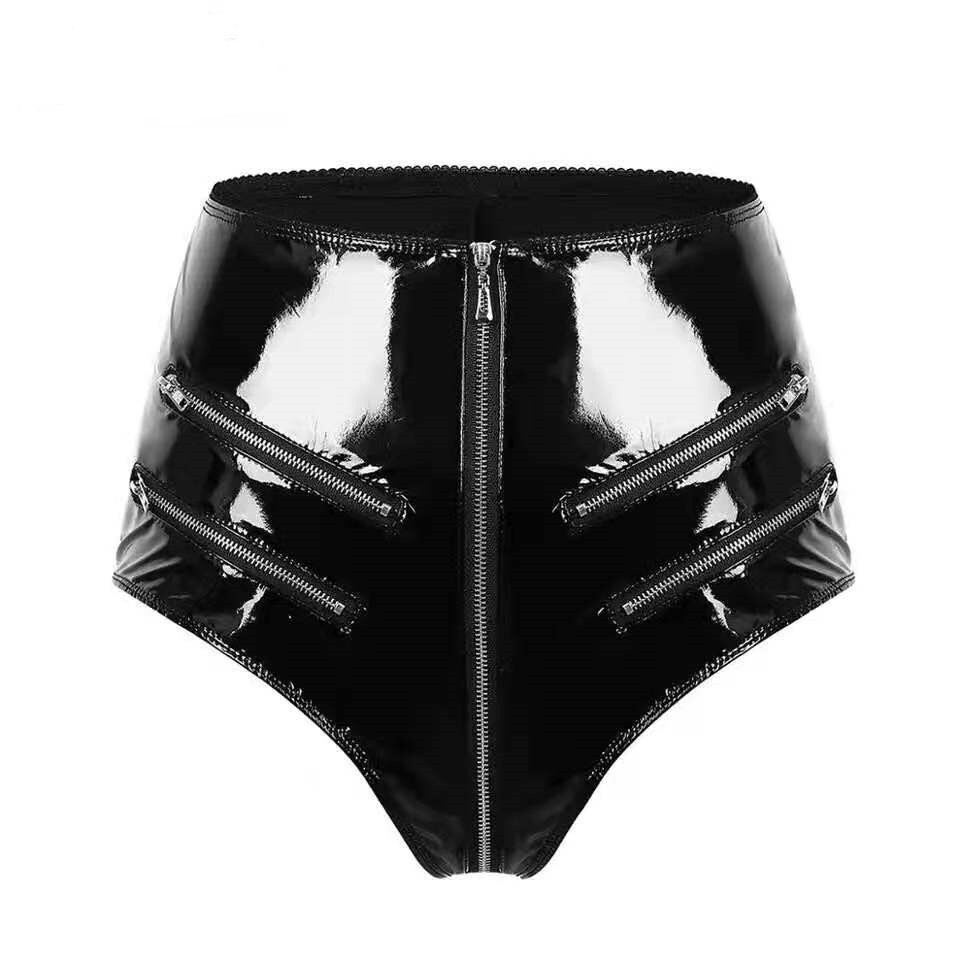 Women’s Sexy PVC Leather Panties Latex Lingerie High Waist Zip Crotch Underwear