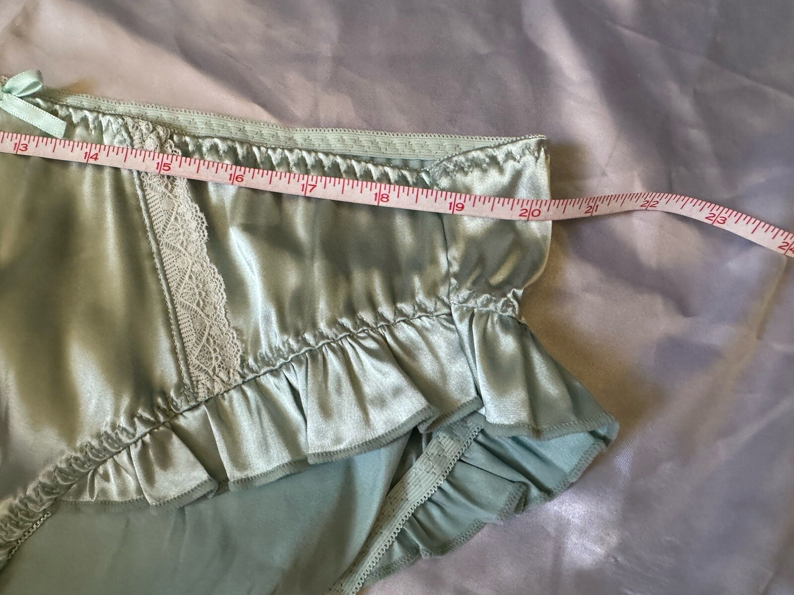 Light Baby Blue Shiny Satin Ruffle Hip Bikini Brief Panties White Lace Sz XL