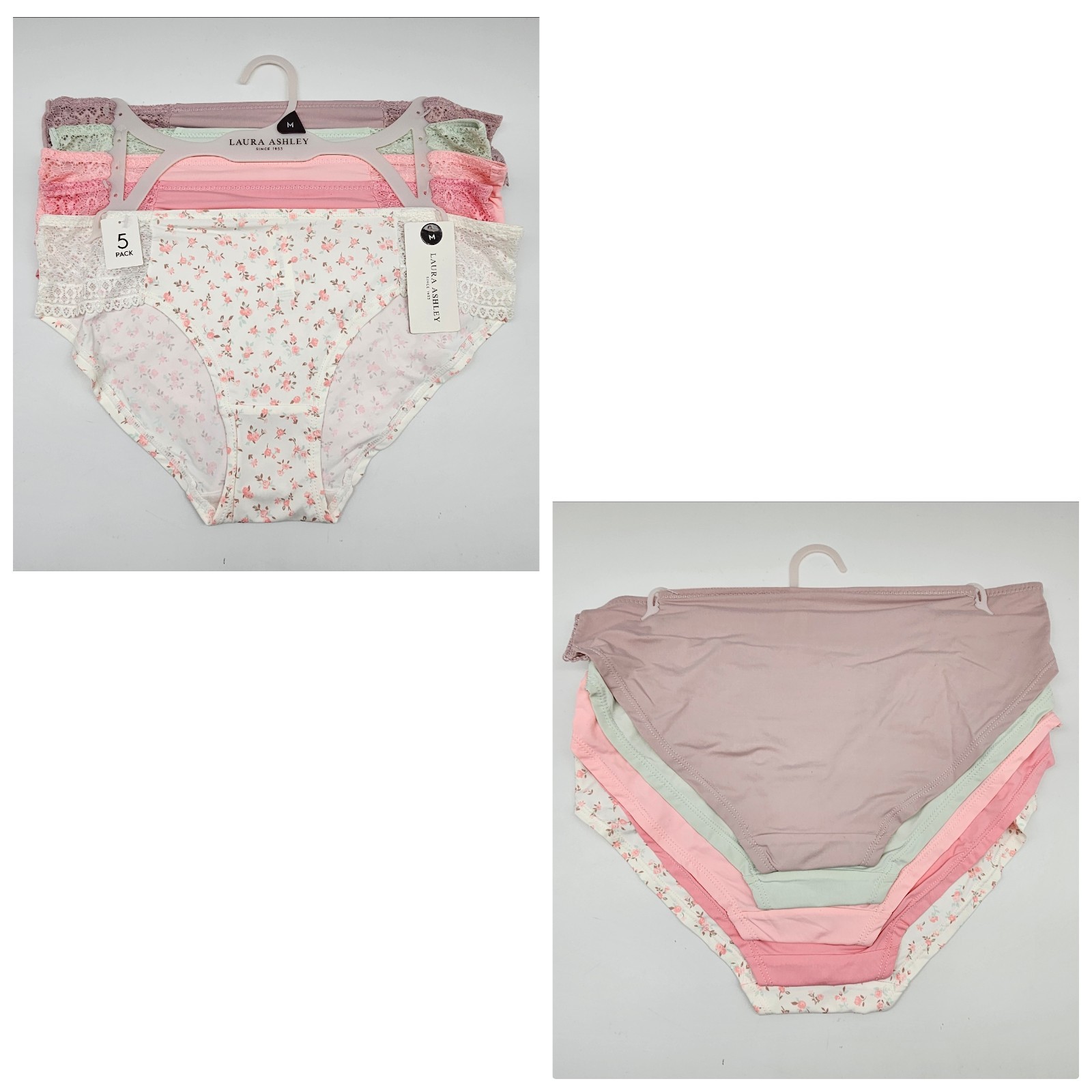 LAURA ASHLEY 5 Pack Women’s M L Microfiber Lace Panties Beige Green Pink Cream