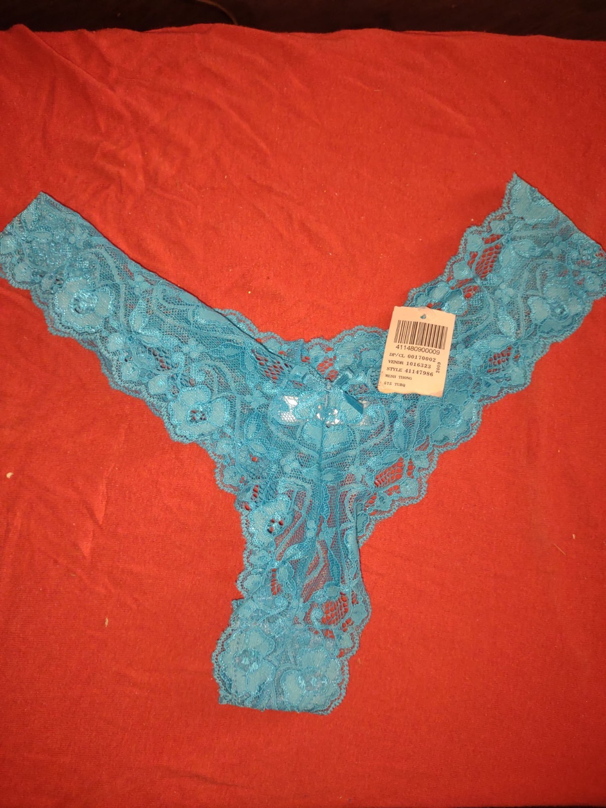 Under Cover Blue Lace Floral Thong Panties Size S Stretch Bow Accent NEW