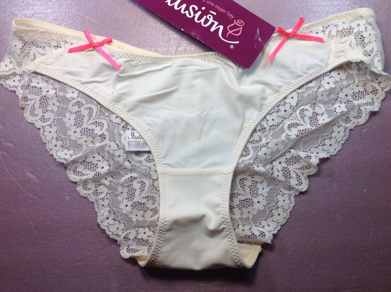 Women Panties,Bikinis ILUSION Size S. Beige Shiny W/Fishnet Floral Decoration
