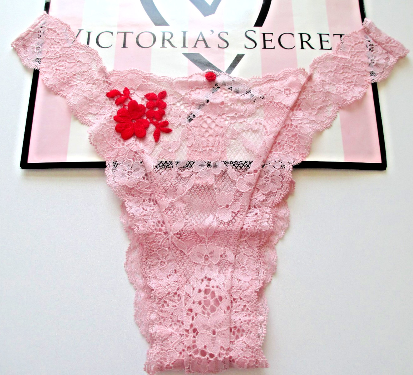 VICTORIA’S SECRET DREAM ANGELS Brazilian Panty XL Pink NWT Red Floral Embroidery