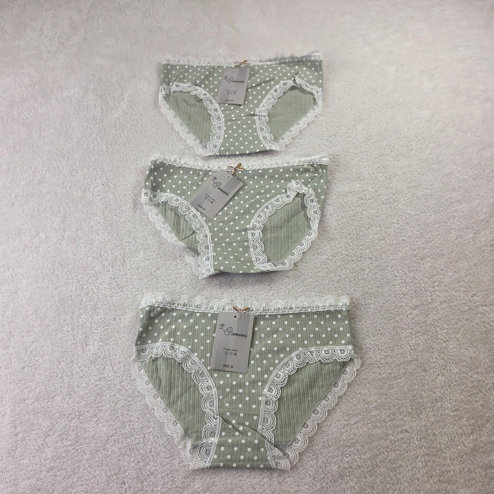 Panmanni 3 Pack Sage Green Polka Dot Ribbed Lace Trim Panties Size Medium NEW