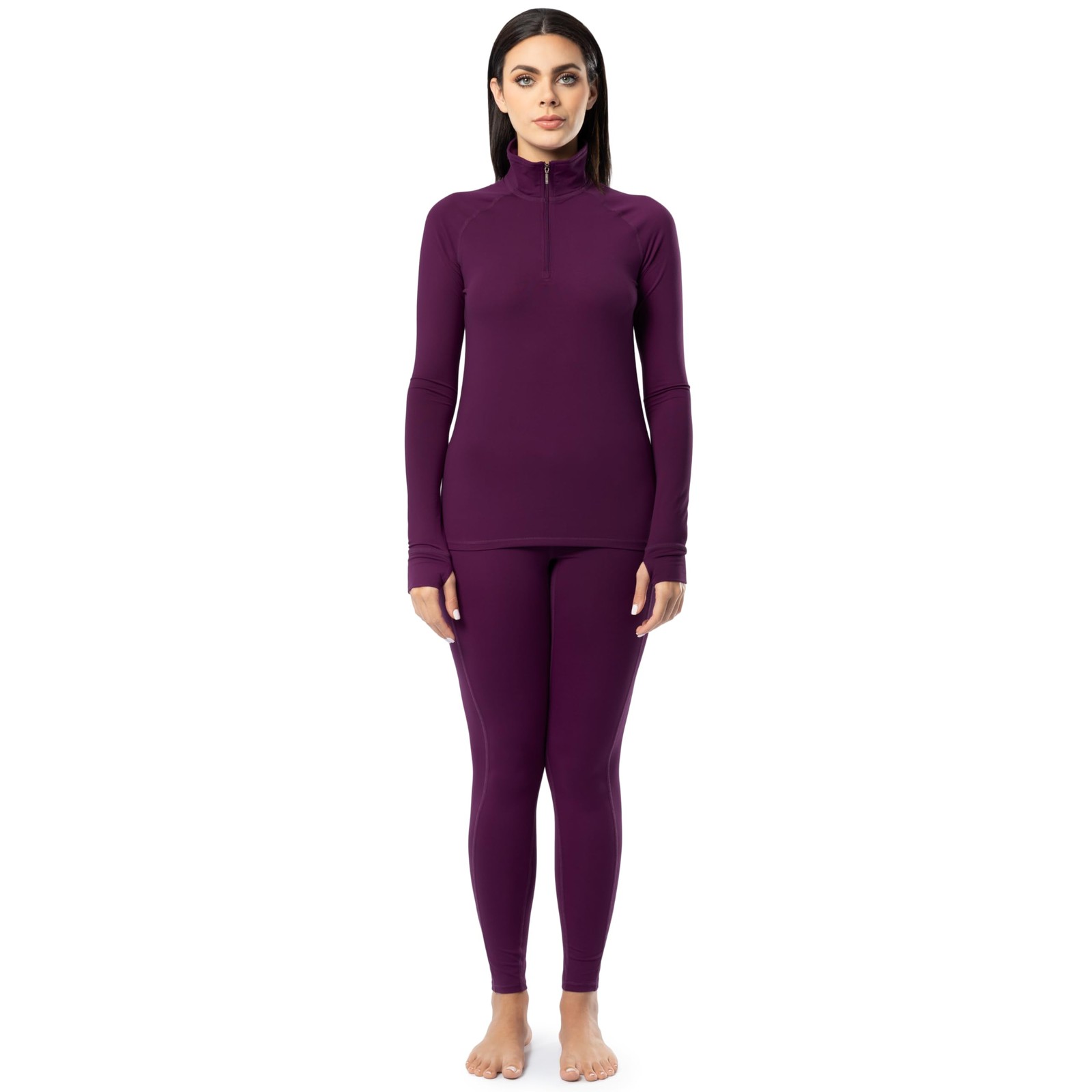 Women’s High Neck Quarter Zip Top and Legging Thermal Set, Purple, Large