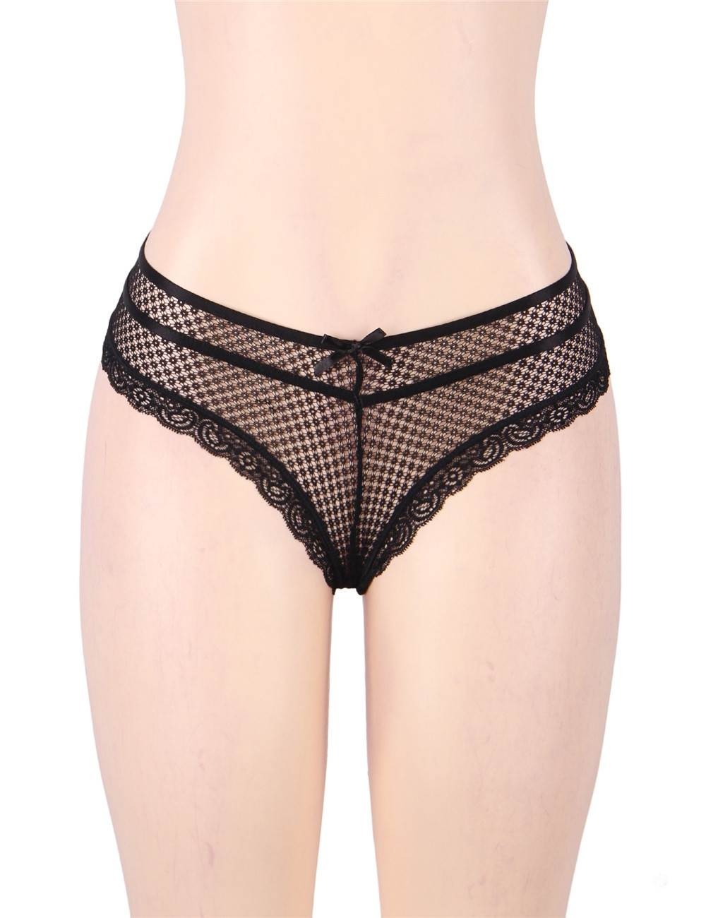 WOW BABE Black Pattern Lace Open Crotch French Knickers Panty Thong Size 12-14